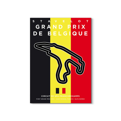 Poster of the Stavelot Grand Prix de Belgique with a black race track outline on a red, yellow, and black striped background.