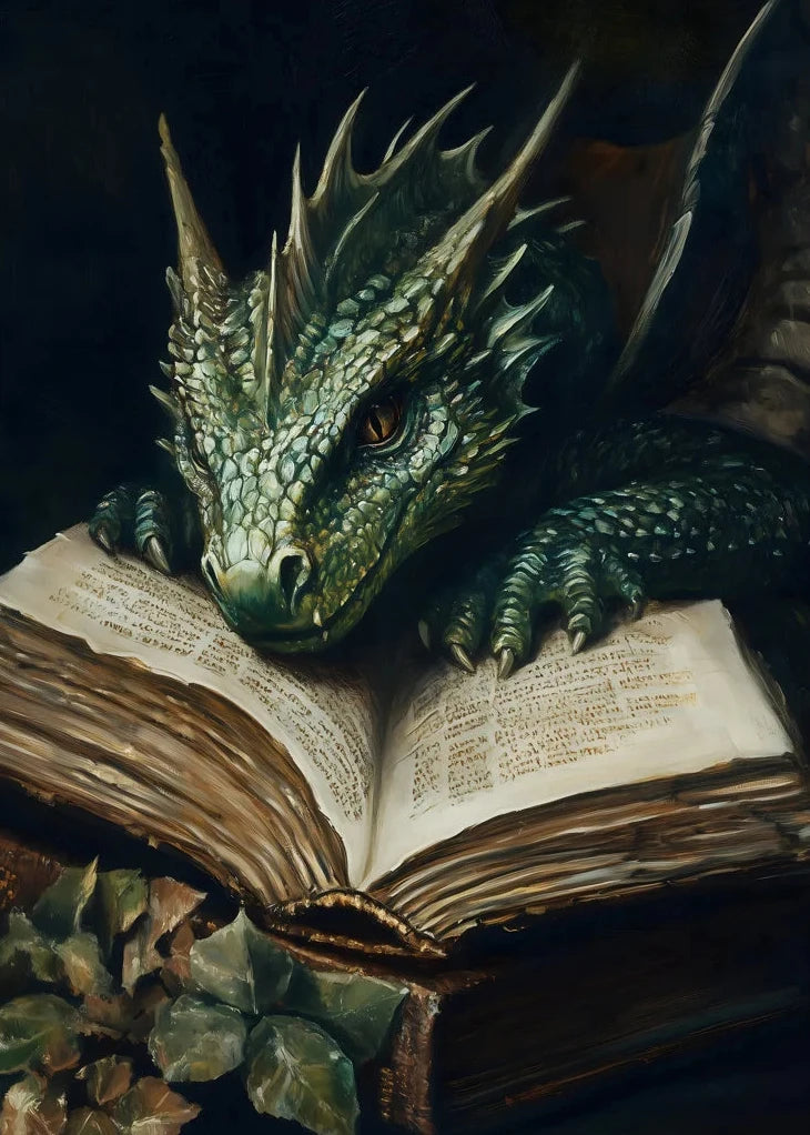 Dragon reading an open book with a dark background