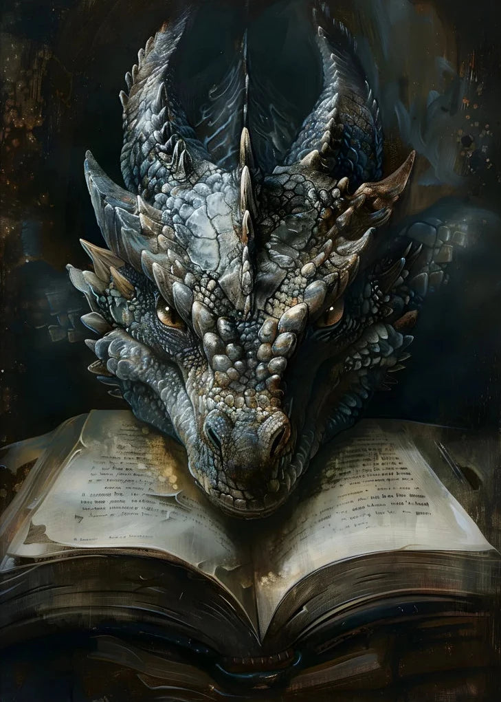 Dragon head emerging from an open book with a dark, textured background