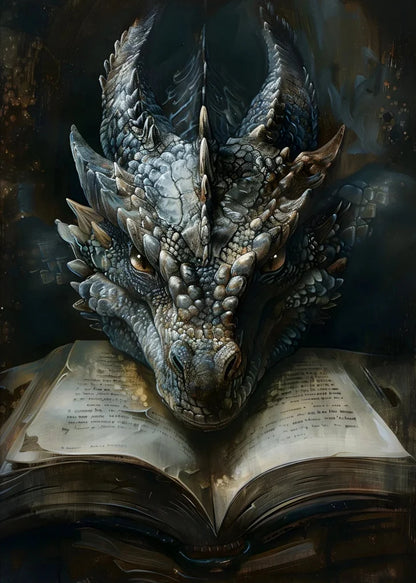 Dragon head emerging from an open book with a dark, textured background