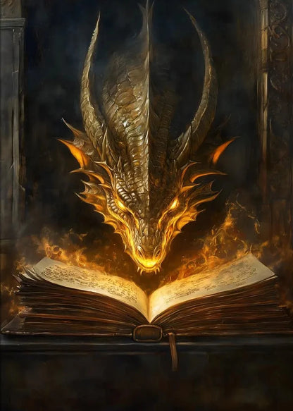 Dragon emerging from an open book with flames, set against a dark background