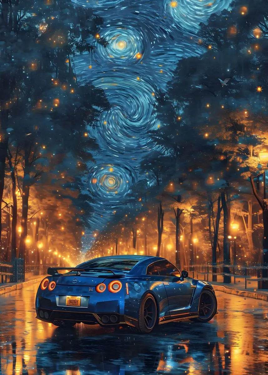 Blue sports car on a road with a starry night sky and trees in the background