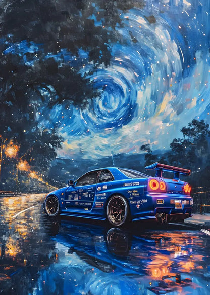 Blue car on a wet road with a swirling galaxy in the sky