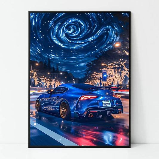 Blue sports car on a city street with a starry sky background Canvas & Curio