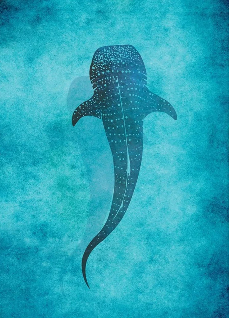 Silhouette of a whale shark on a textured blue background