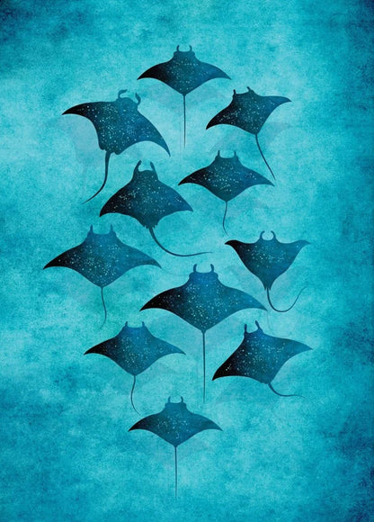 Illustration of manta rays on a textured blue background
