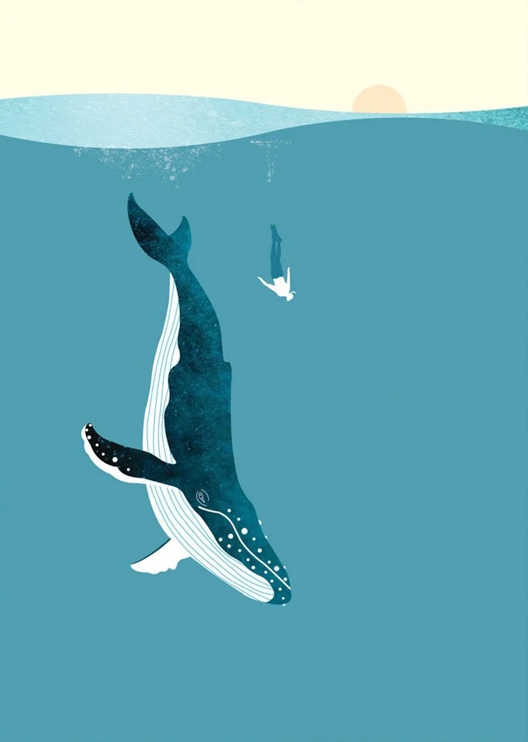 Illustration of a whale underwater with a small bird nearby, set against a light blue background.