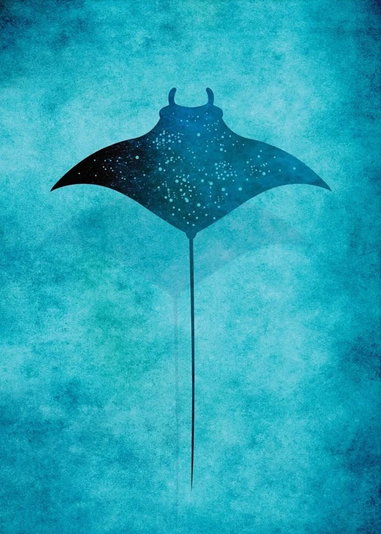 Blue manta ray silhouette on a textured blue background