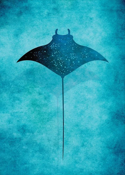 Blue manta ray silhouette on a textured blue background