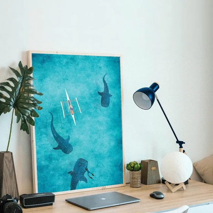 Desk with a laptop, lamp, and decorative poster of sharks and kayaks on a blue background.