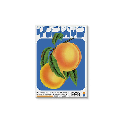 Vintage-style product packaging with peaches and text on a white background