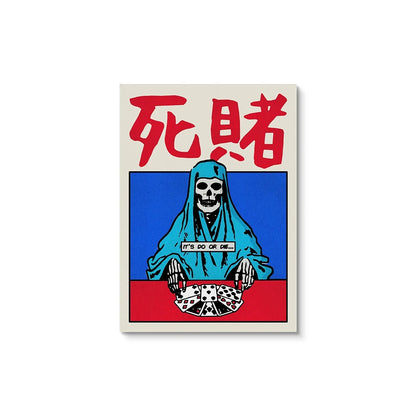 Poster with a skeleton in a blue kimono, red text, and blue background on a beige border.