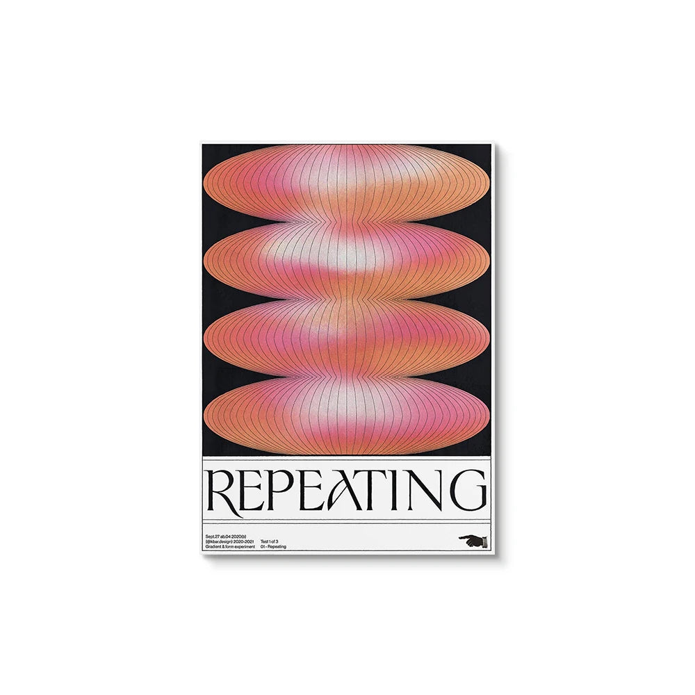 Poster with pink and orange geometric design and 'REPEATING' text on a black background