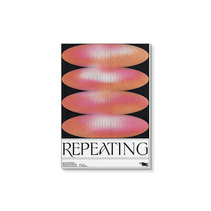 Poster with pink and orange geometric design and 'REPEATING' text on a black background
