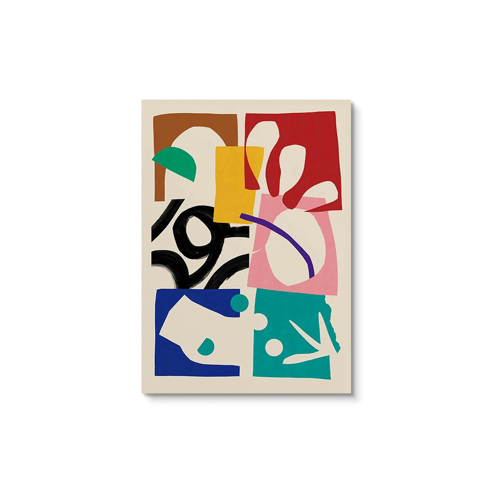 Abstract art print with colorful geometric shapes on a beige background