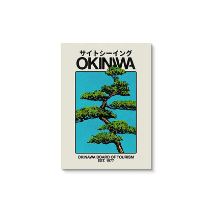 Poster with a tree design and 'Okinawa' text on a white background