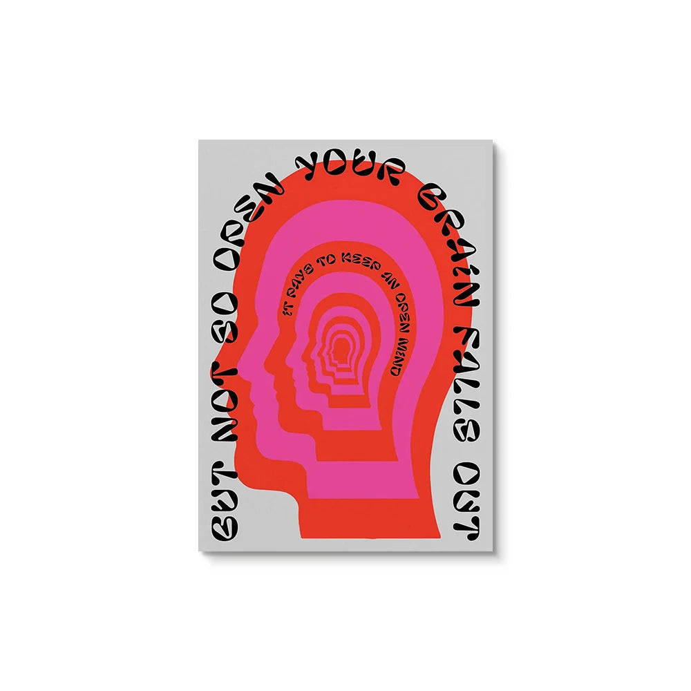 Canvas print with a stylized head design and text on a white background