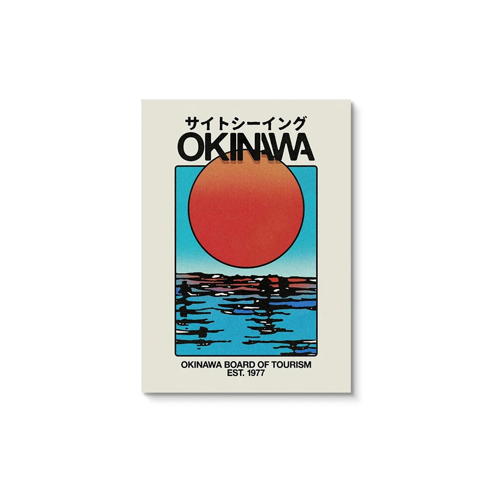 Okinawa tourism poster with a red sun and blue water design on a white background