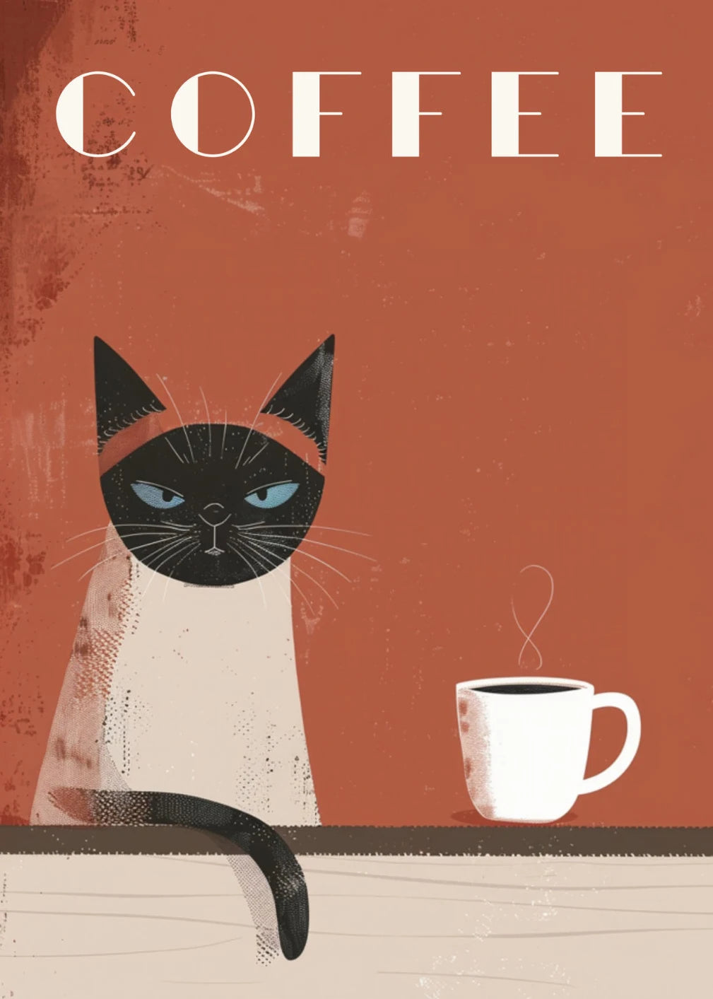 Illustration of a cat sitting next to a coffee cup on a wooden surface with 'COFFEE' text above.