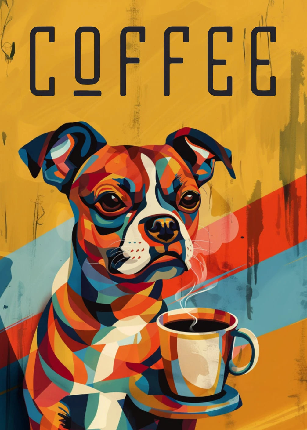 Colorful dog holding a coffee cup with 'COFFEE' text on a yellow background
