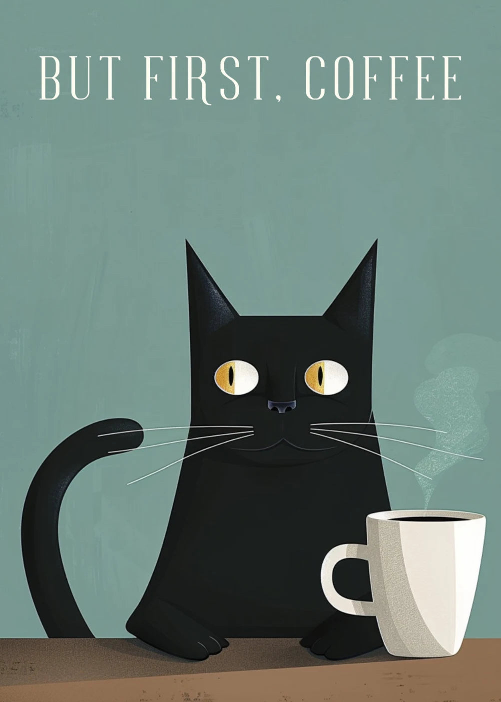 Black cat with a coffee cup on a teal background with 'But First, Coffee' text