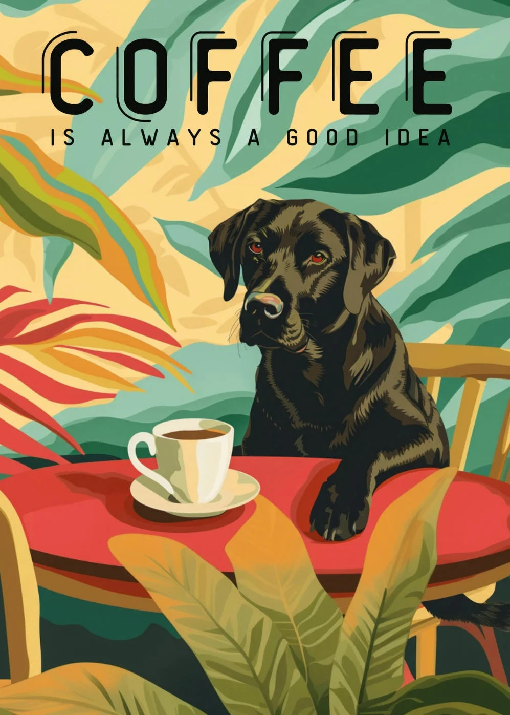 Dog sitting at a table with a coffee cup, surrounded by colorful leaves, with 'COFFEE IS ALWAYS A GOOD IDEA' text.