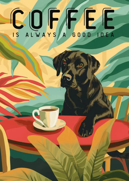Dog sitting at a table with a coffee cup, surrounded by colorful leaves, with 'COFFEE IS ALWAYS A GOOD IDEA' text.