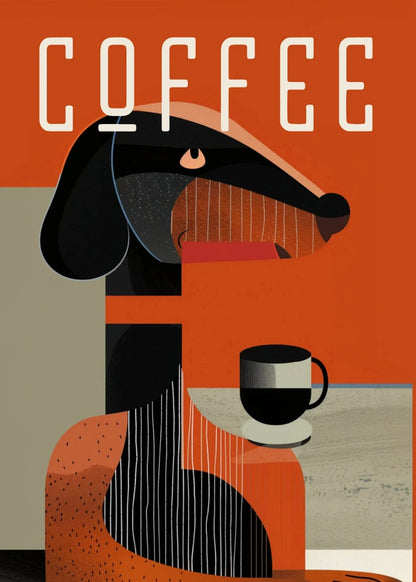 Illustration of a dog with a coffee cup, sitting on an orange chair against an orange background with the word 'COFFEE' above.