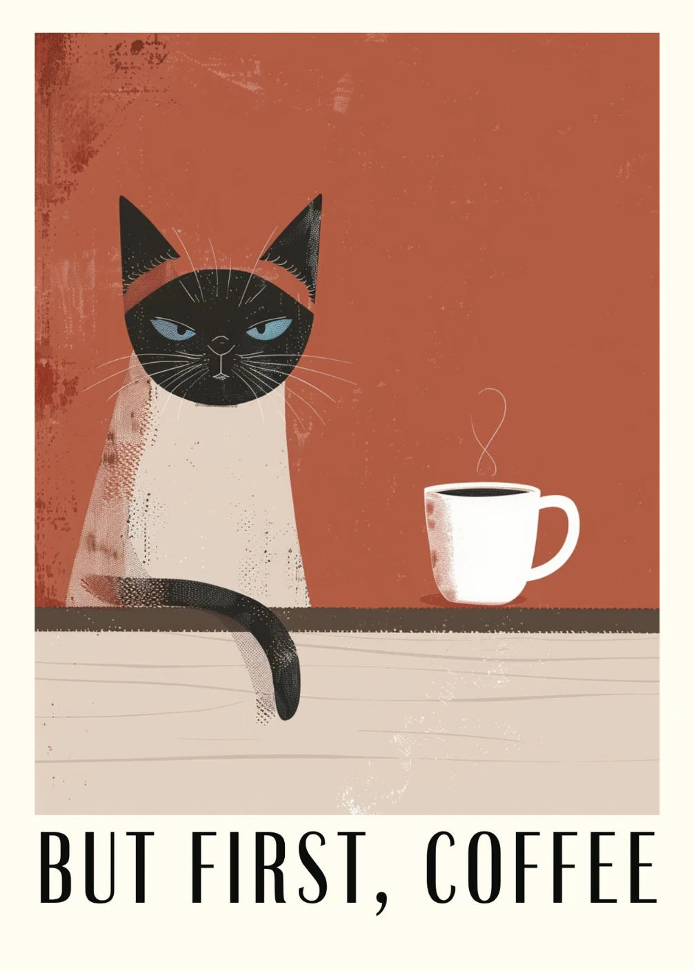 Illustration of a cat sitting next to a coffee cup with 'But First, Coffee' text on a red background.