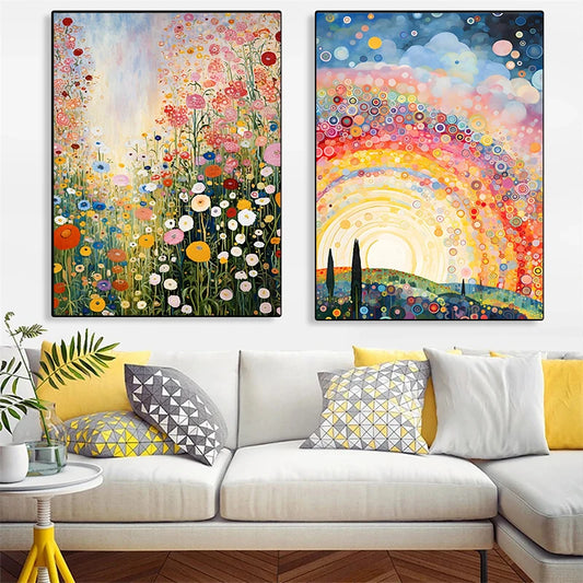 Two colorful abstract paintings above a white sofa with decorative pillows. Canvas & Curio