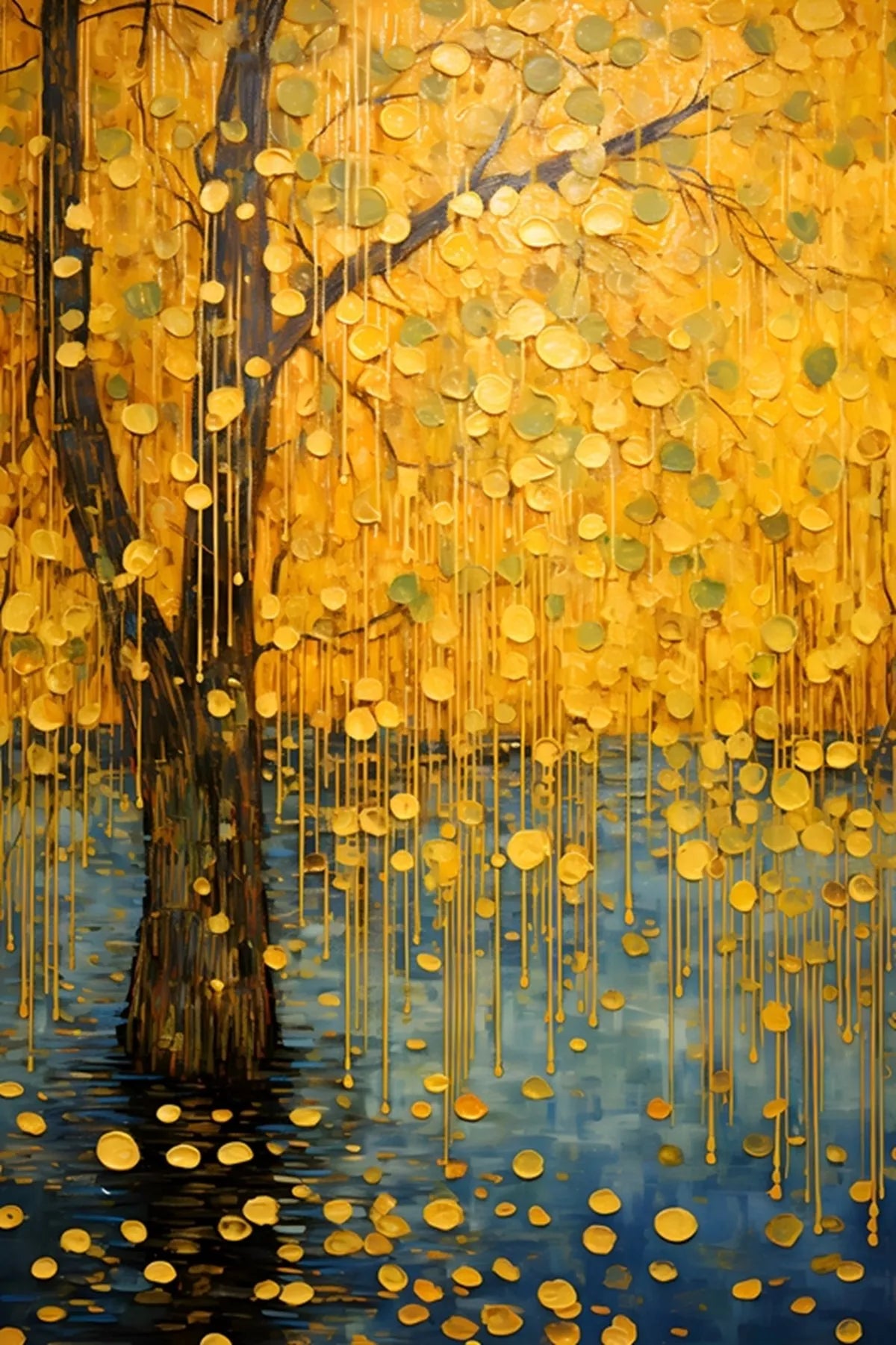Artistic depiction of a tree with gold leaf-like patterns on a yellow and blue background