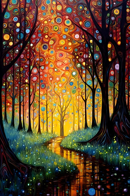 Colorful forest scene with trees and a stream