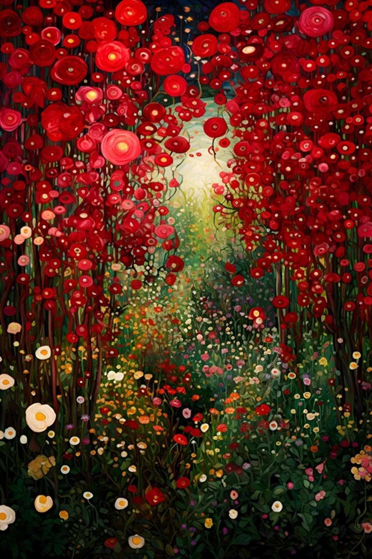 Artistic depiction of a flower garden with red flowers and a glowing light at the center.