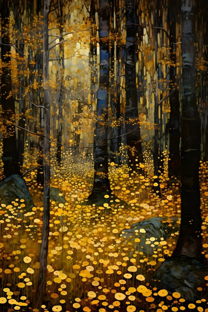 Forest scene with golden lights on a dark background