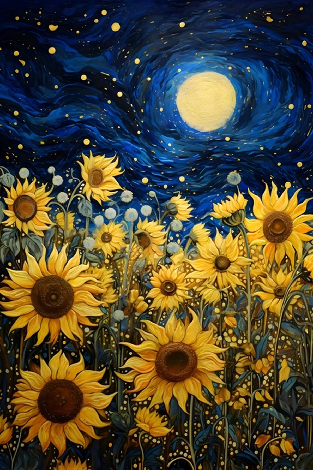 Artistic depiction of sunflowers under a starry night sky with a full moon.