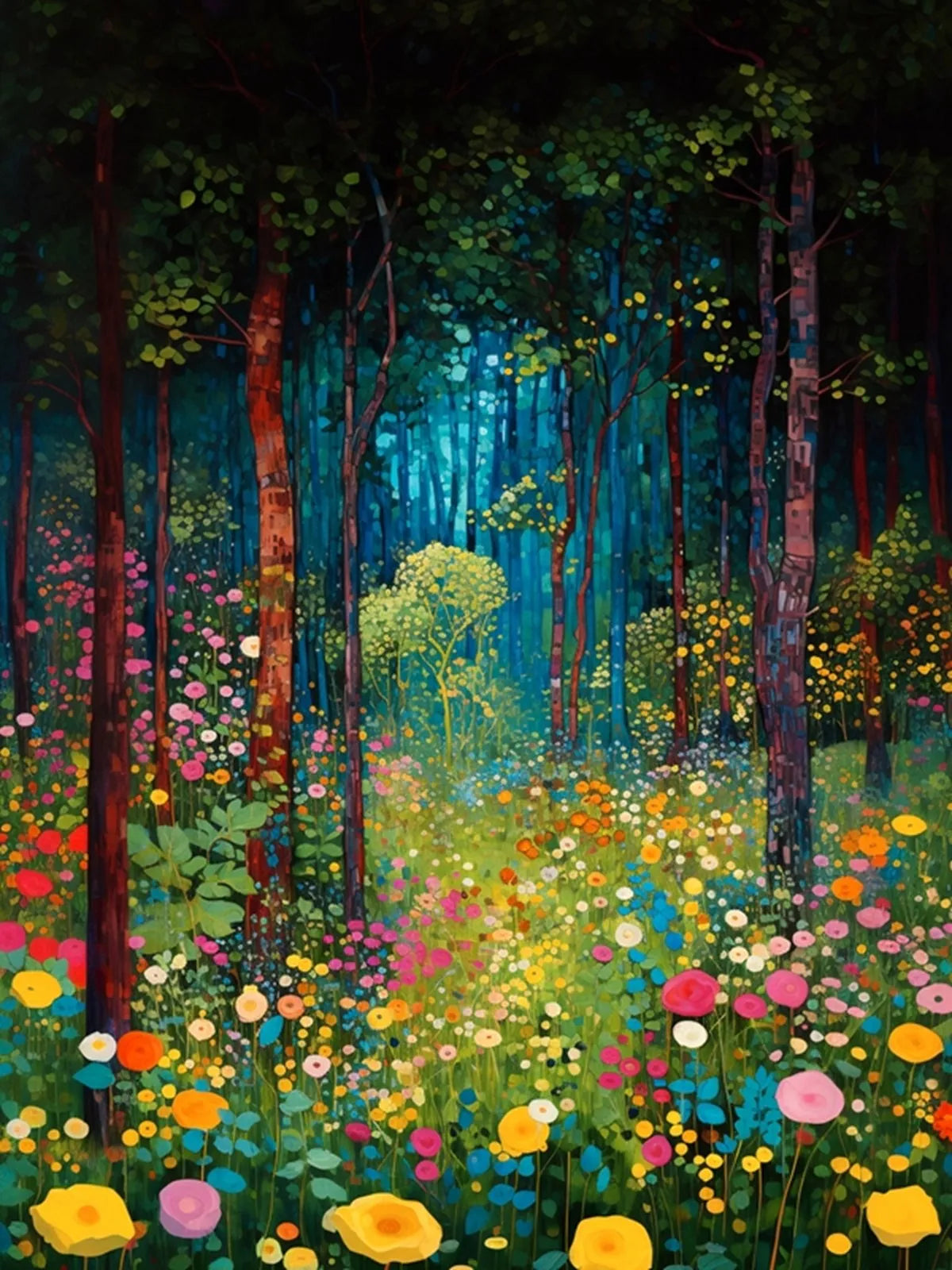 Colorful forest scene with flowers and trees