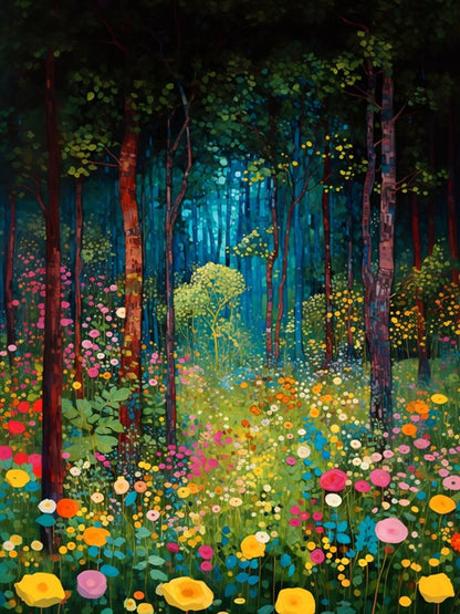 Colorful forest scene with flowers and trees