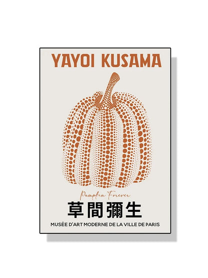 Poster of Yayoi Kusama's pumpkin design with text on a beige background