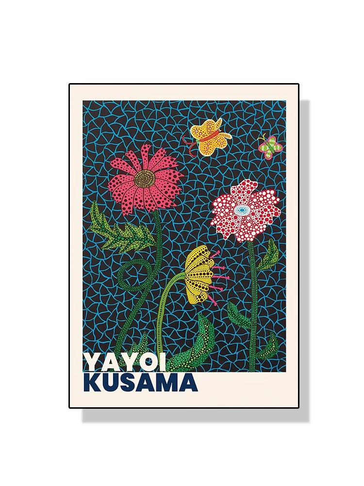 Framed artwork with colorful flowers and 'Yayoi Kusama' branding on a white background
