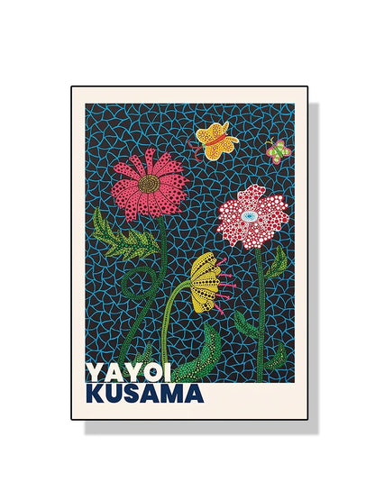 Framed artwork with colorful flowers and 'Yayoi Kusama' branding on a white background