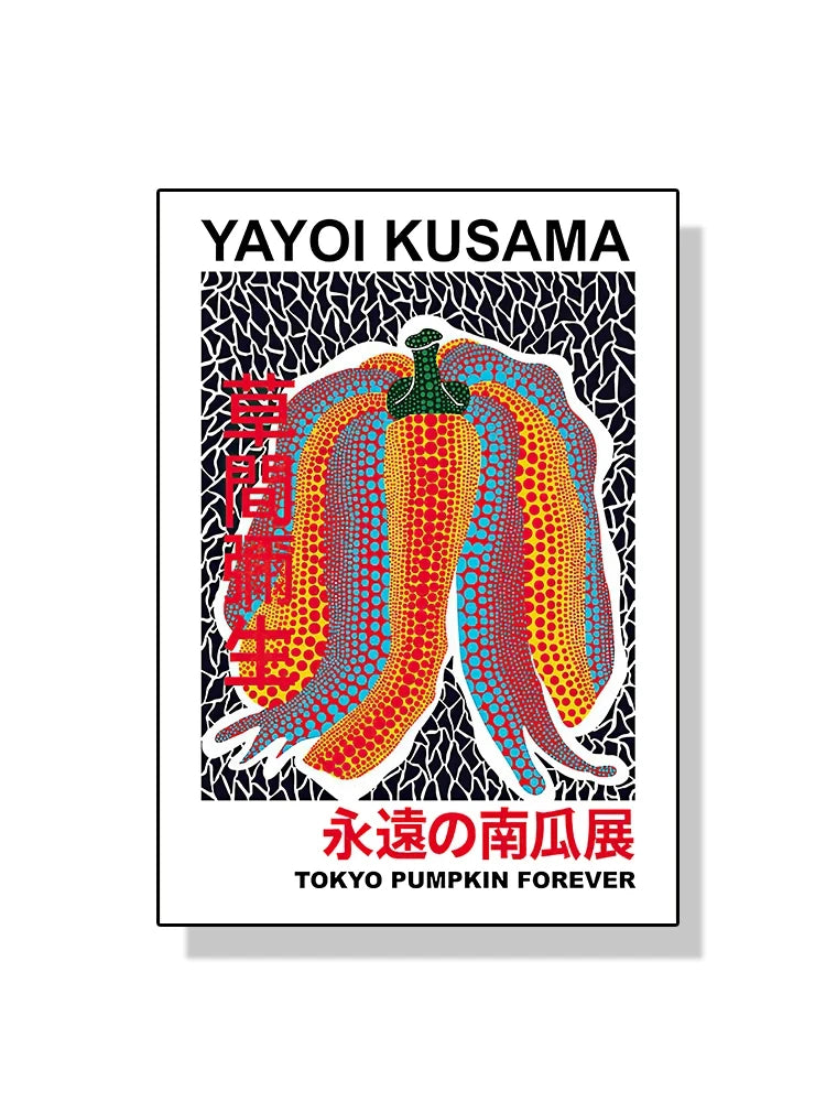 Poster featuring a colorful pumpkin design with text 'Yayoi Kusama' and 'Tokyo Pumpkin Forever' on a white background.