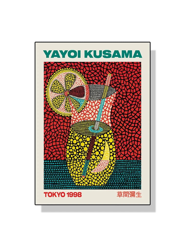 Yayoi Kusama artwork with a colorful drink illustration on a red patterned background.
