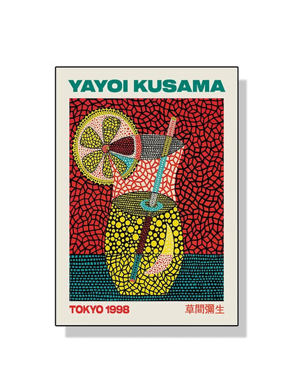 Yayoi Kusama artwork with a colorful drink illustration on a red patterned background.