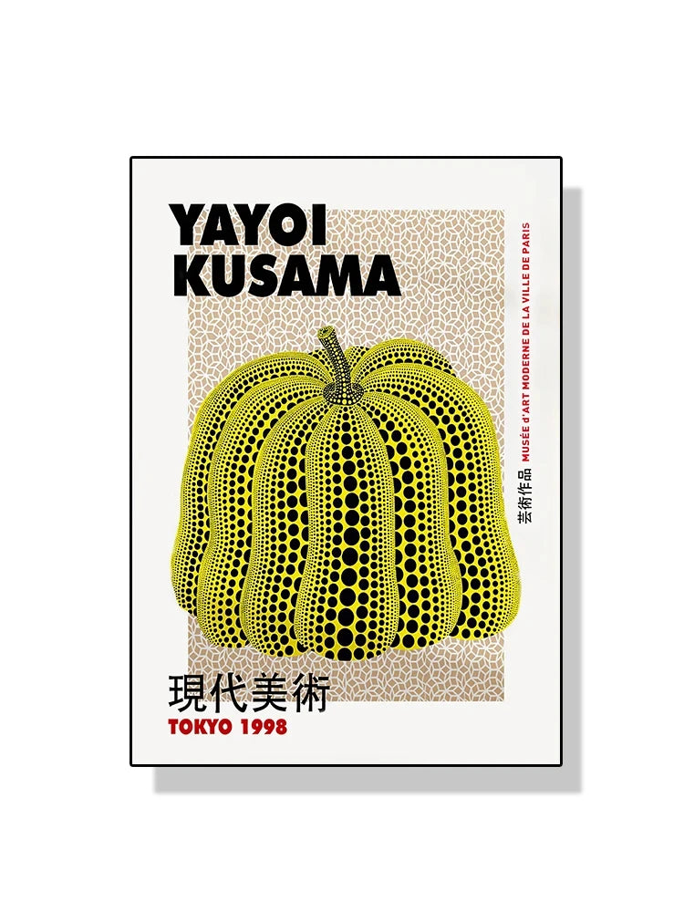 Poster featuring a stylized pumpkin with black dots and text about Yayoi Kusama.