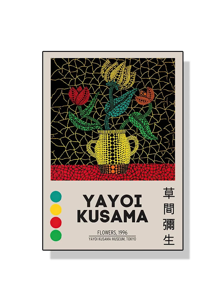 Yayoi Kusama artwork with flowers and a teapot on a black background