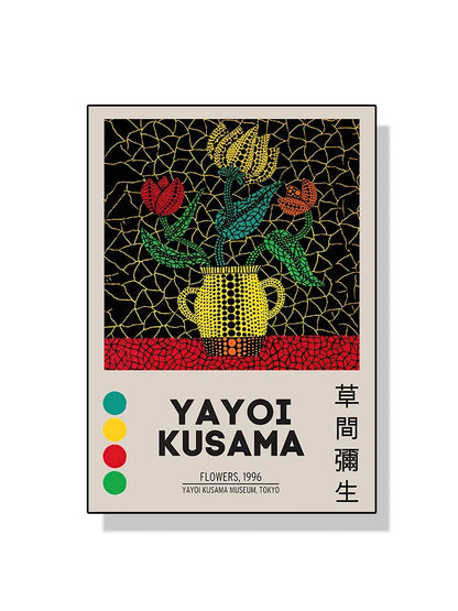 Yayoi Kusama artwork with flowers and a teapot on a black background