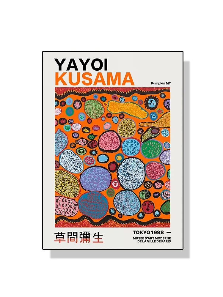 Poster of Yayoi Kusama with colorful abstract design on a white background