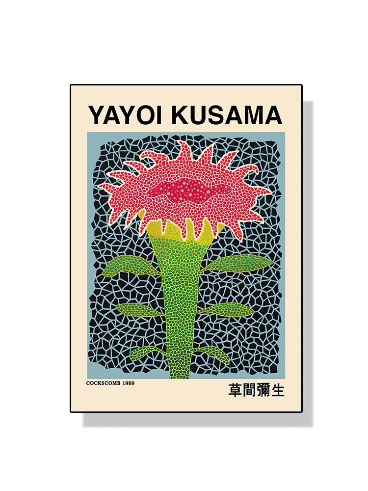 Yayoi Kusama artwork with a pink and green abstract flower design on a beige background