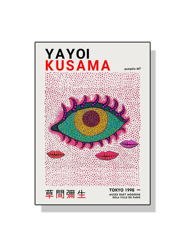 Yayoi Kusama poster with a colorful eye design and text on a white background