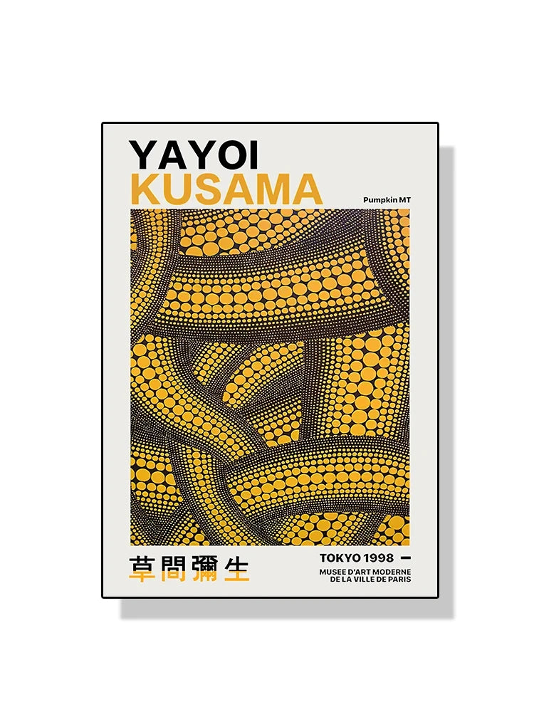 Poster with Yayoi Kusama design featuring black and yellow pattern on a white background